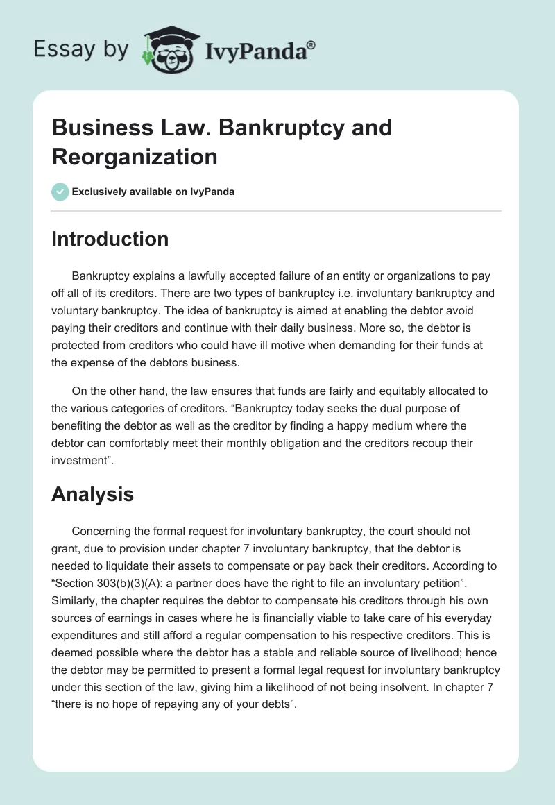 Business Law. Bankruptcy and Reorganization. Page 1