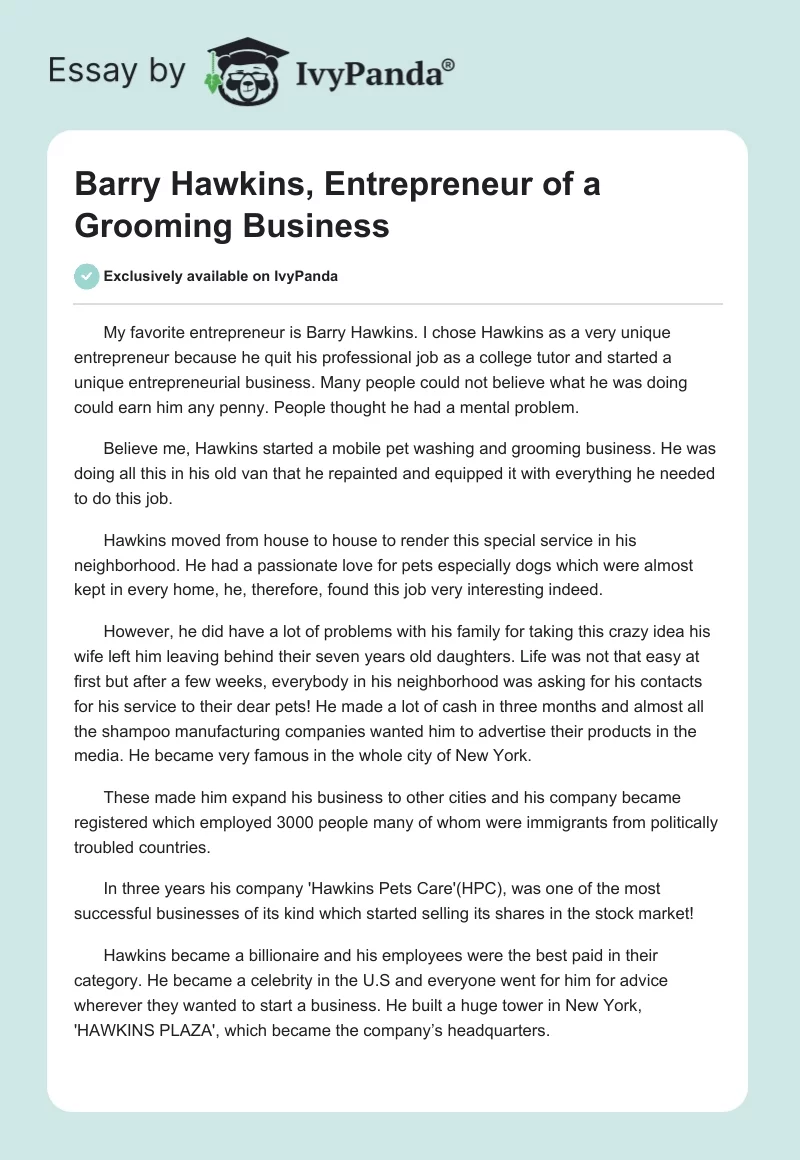 Barry Hawkins, Entrepreneur of a Grooming Business. Page 1