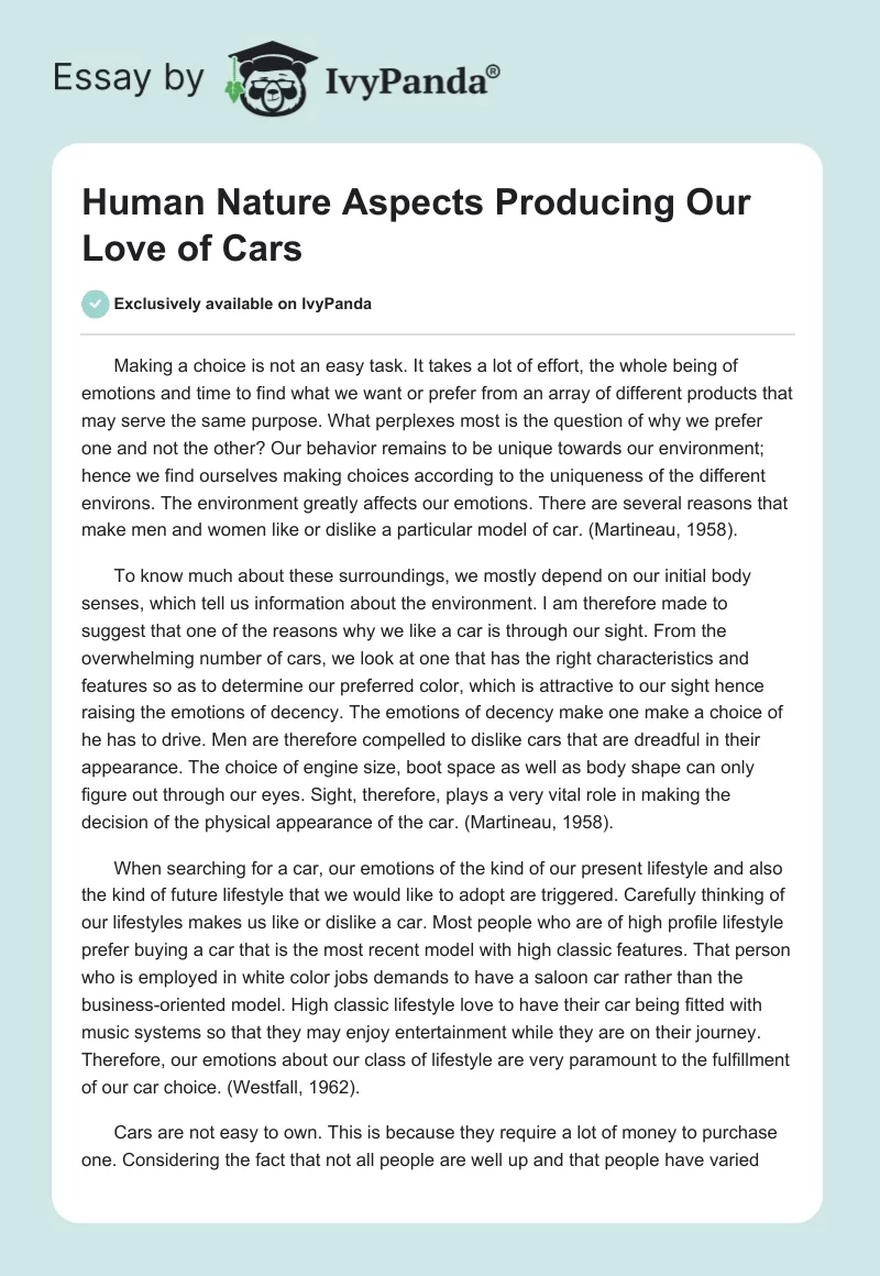 Human Nature Aspects Producing Our Love of Cars. Page 1