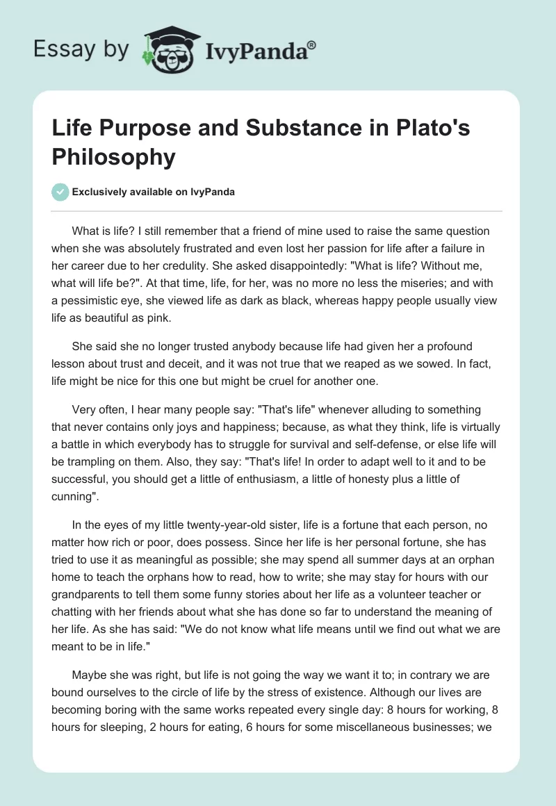 Life Purpose and Substance in Plato's Philosophy. Page 1