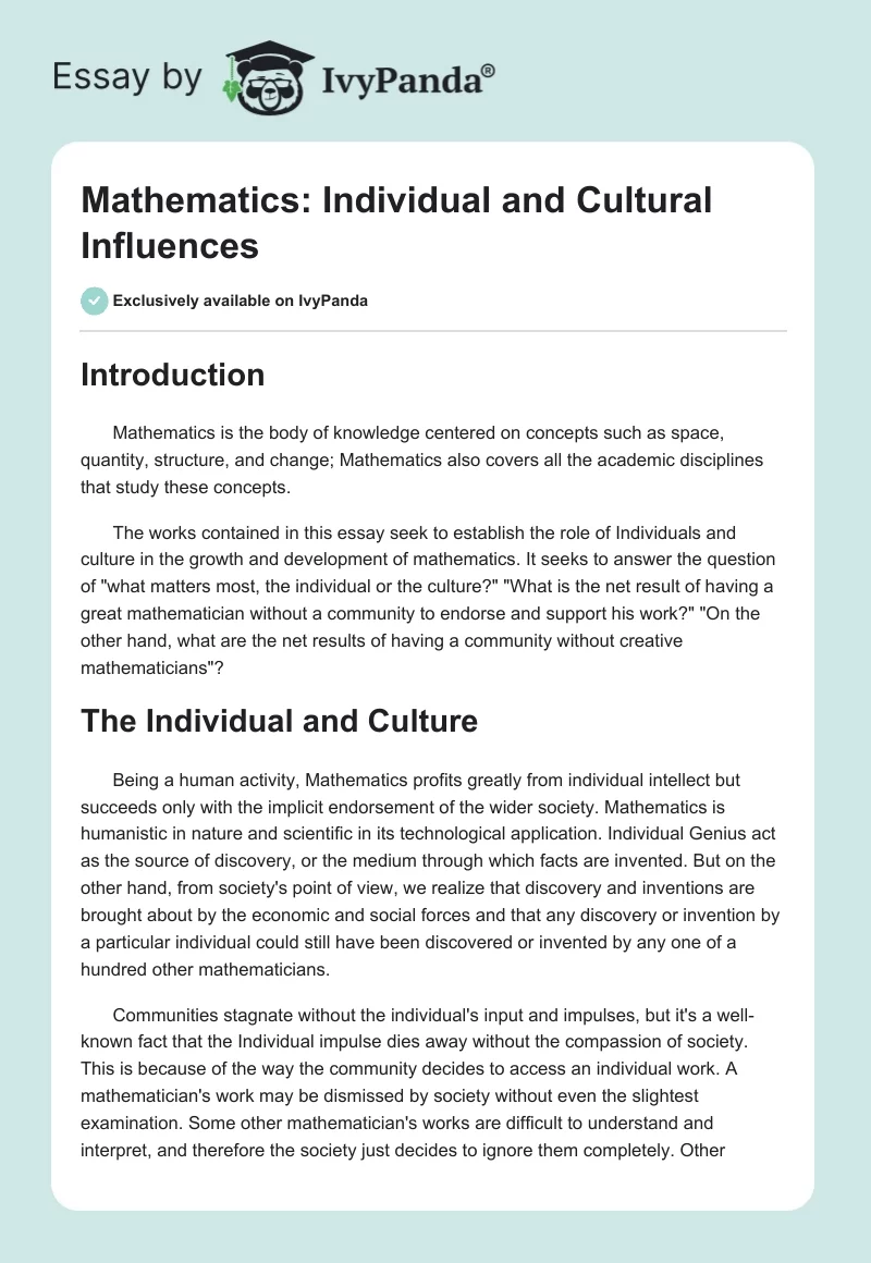 Mathematics: Individual and Cultural Influences. Page 1