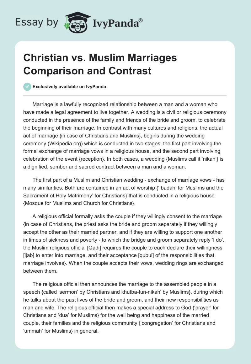 Christian vs. Muslim Marriages Comparison and Contrast. Page 1