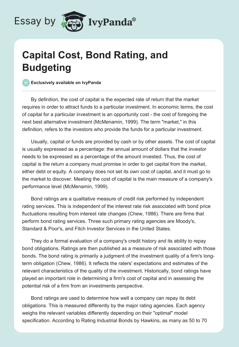 Capital Cost, Bond Rating, and Budgeting. Page 1