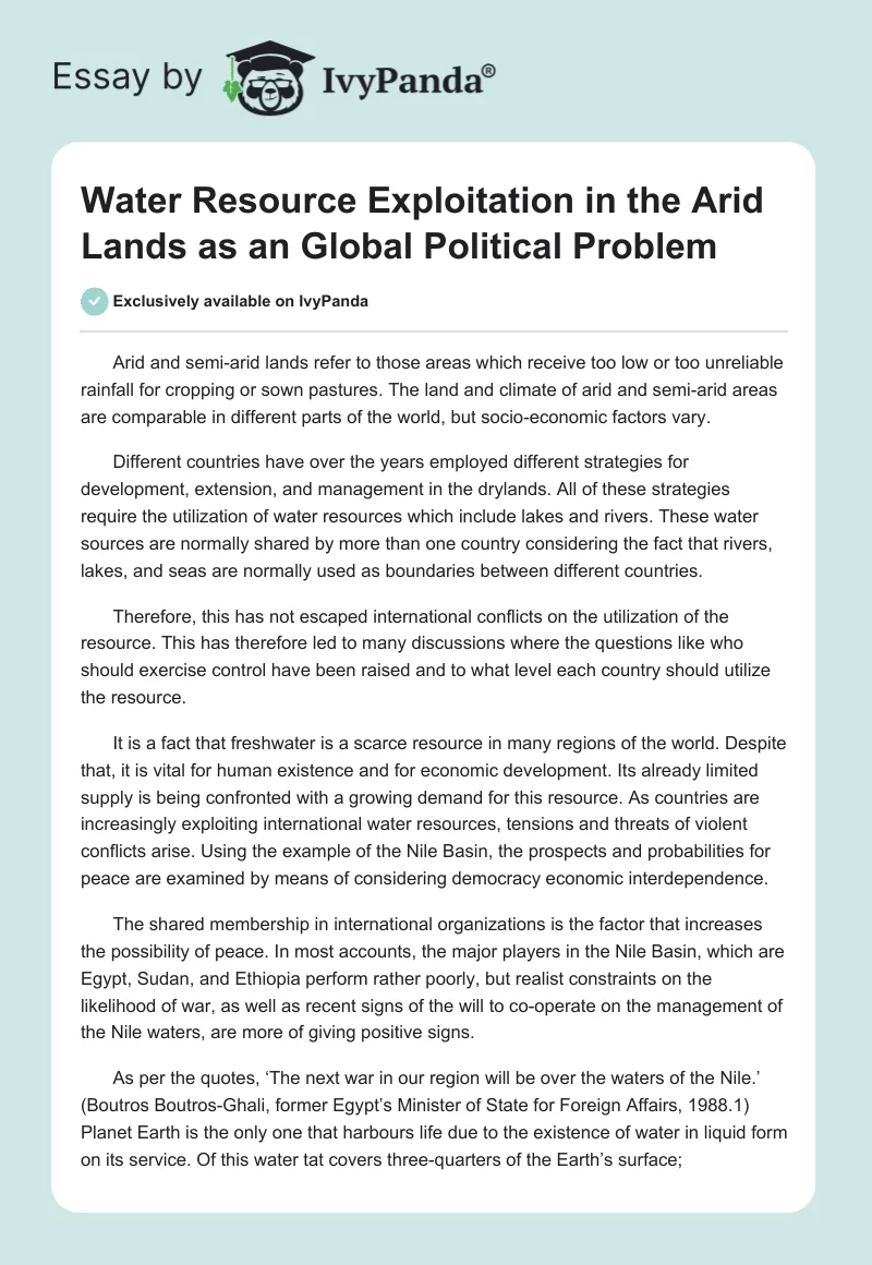 Water Resource Exploitation in the Arid Lands as an Global Political Problem. Page 1