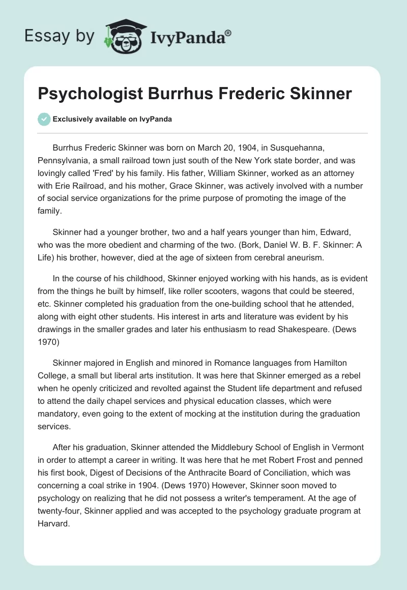 Psychologist Burrhus Frederic Skinner. Page 1