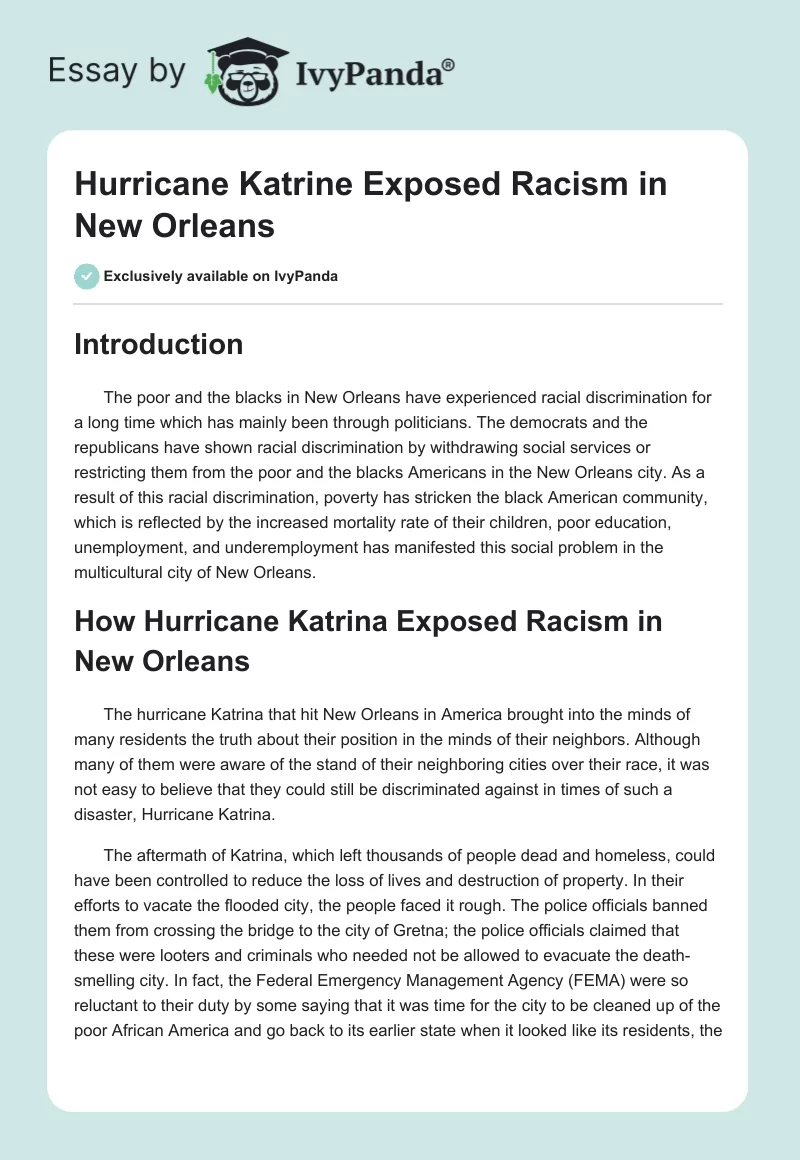 Hurricane Katrine Exposed Racism in New Orleans. Page 1