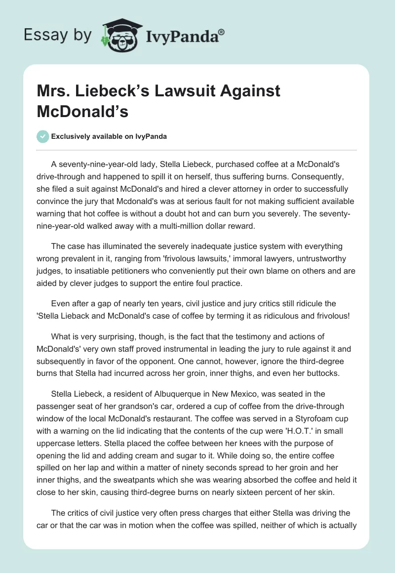 Mrs. Liebeck’s Lawsuit Against McDonald’s. Page 1