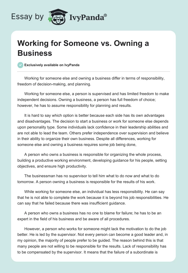 Working for Someone vs. Owning a Business. Page 1