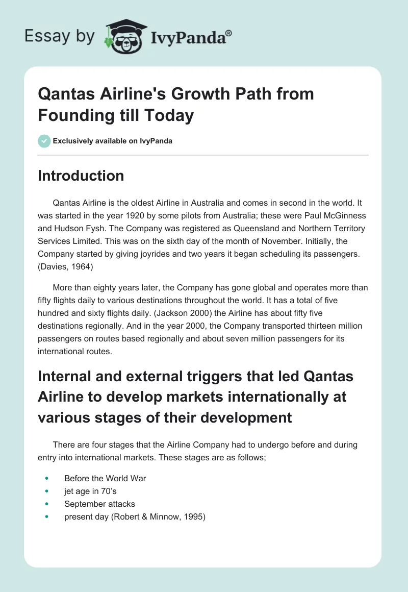 Qantas Airline's Growth Path From Founding Till Today. Page 1