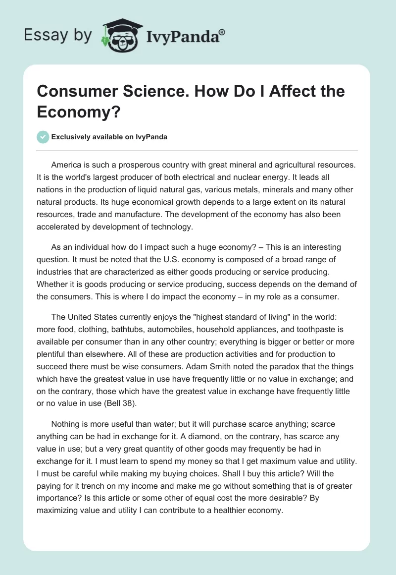 Consumer Science. How Do I Affect the Economy?. Page 1