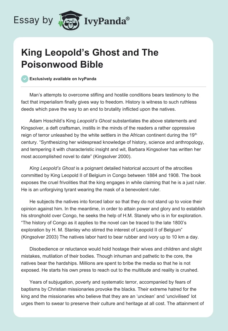 King Leopold's Ghost and The Poisonwood Bible - 972 Words | Essay Example