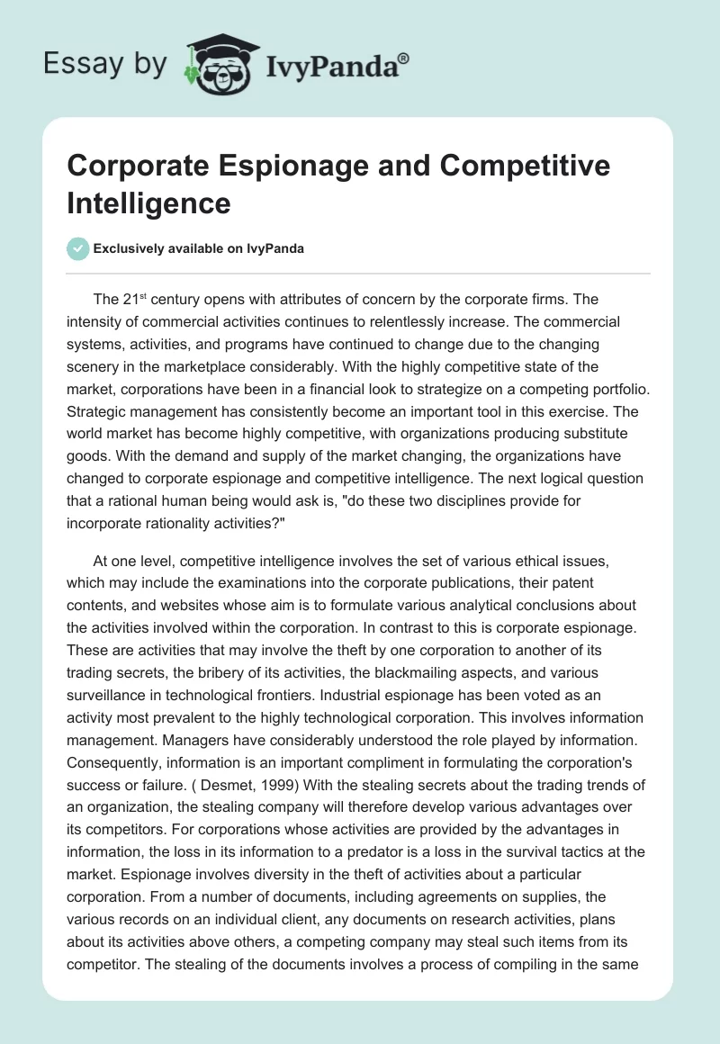 Corporate Espionage and Competitive Intelligence. Page 1
