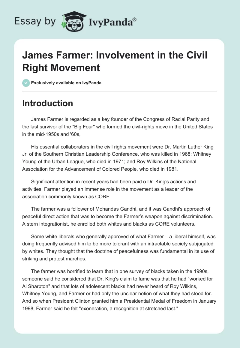 James Farmer: Involvement in the Civil Right Movement. Page 1