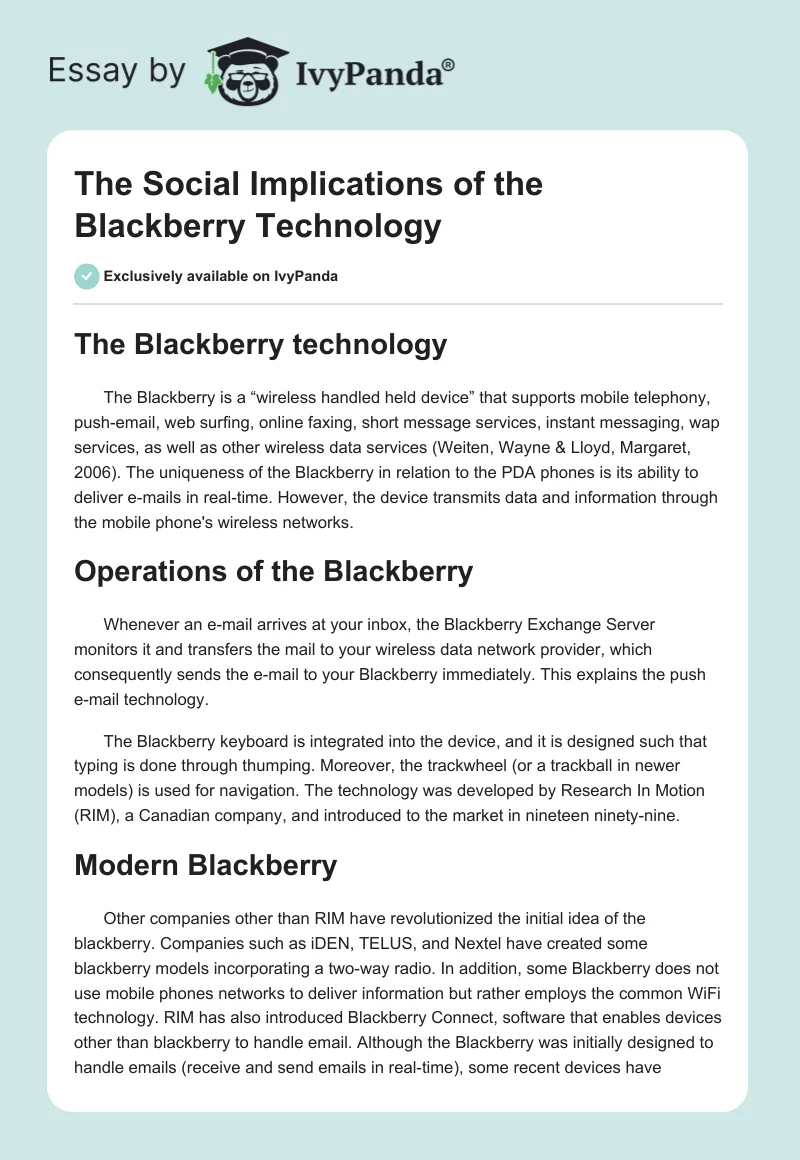 The Social Implications of the Blackberry Technology. Page 1