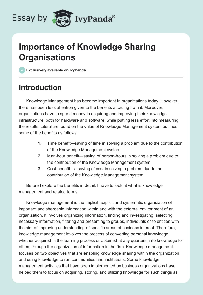 Importance of Knowledge Sharing Organisations. Page 1