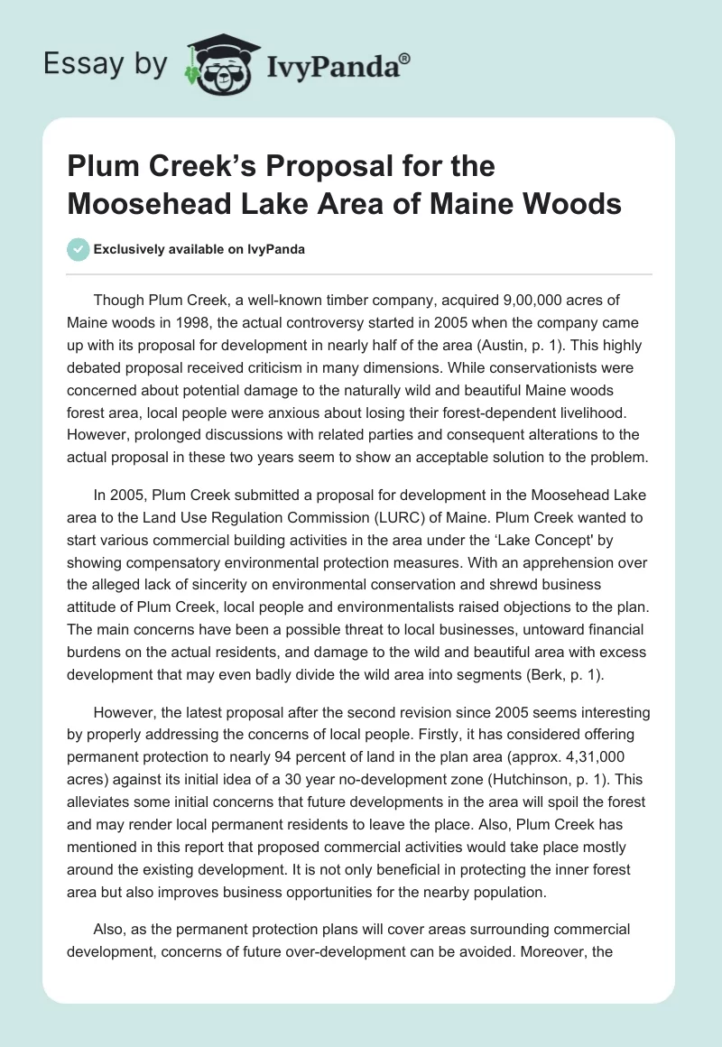 Plum Creek’s Proposal for the Moosehead Lake Area of Maine Woods. Page 1