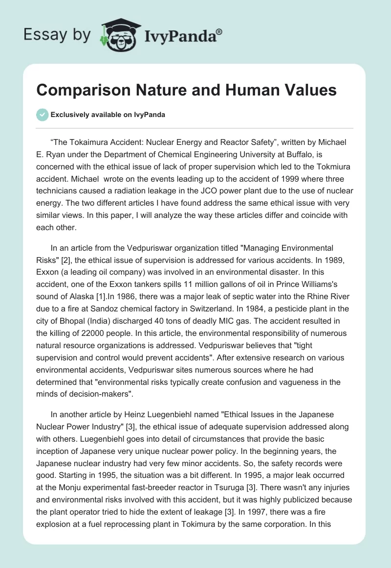 Comparison Nature and Human Values. Page 1