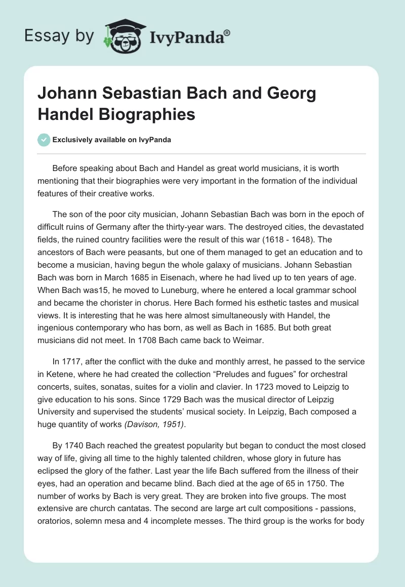 Johann Sebastian Bach and Georg Handel Biographies. Page 1