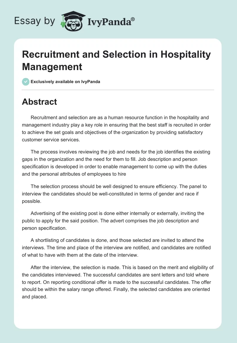 Recruitment and Selection in Hospitality Management. Page 1