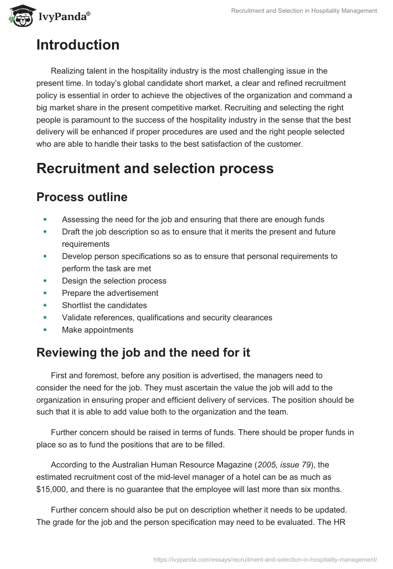 Recruitment and Selection in Hospitality Management. Page 2