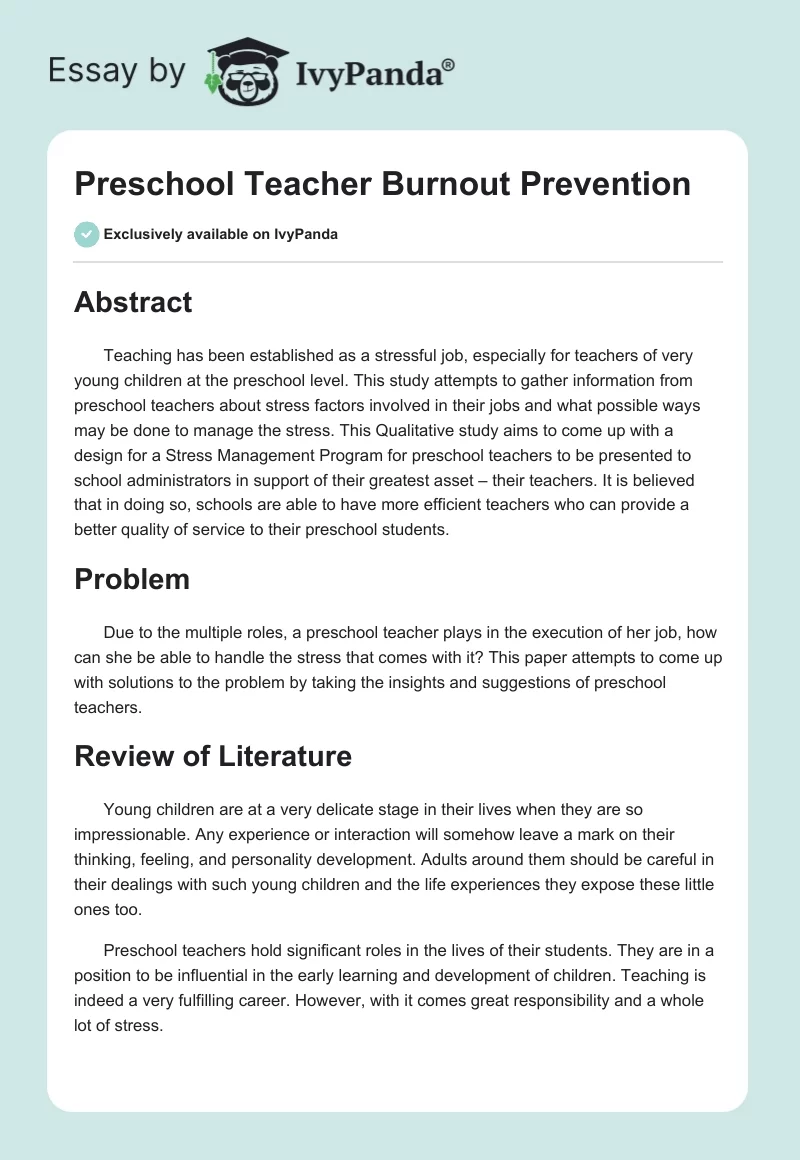 Preschool Teacher Burnout Prevention. Page 1