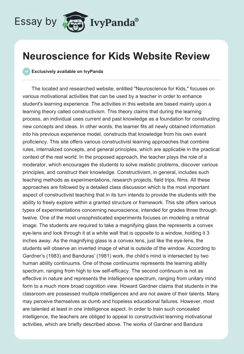 Neuroscience for Kids Website Review. Page 1