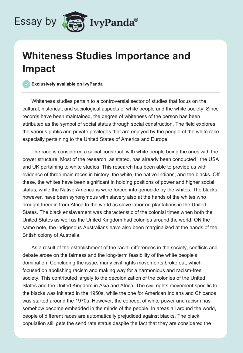 Whiteness Studies Importance and Impact. Page 1
