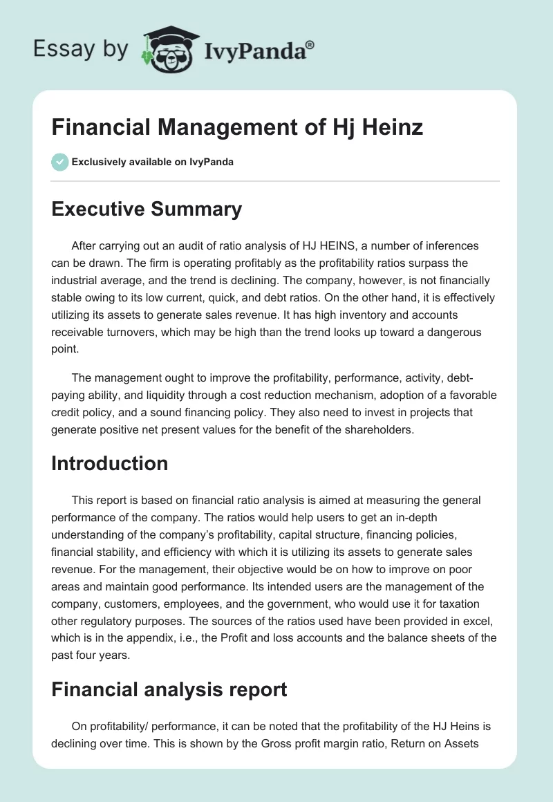 Financial Management of Hj Heinz. Page 1