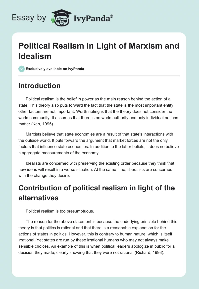 Political Realism in Light of Marxism and Idealism. Page 1