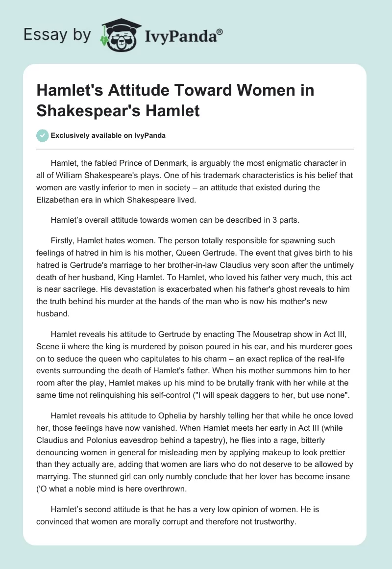 Hamlet's Attitude Toward Women in Shakespear's "Hamlet". Page 1