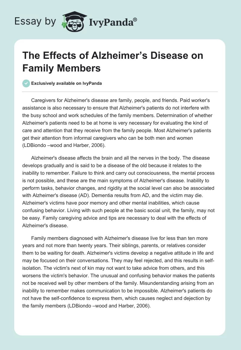 The Effects of Alzheimer’s Disease on Family Members. Page 1