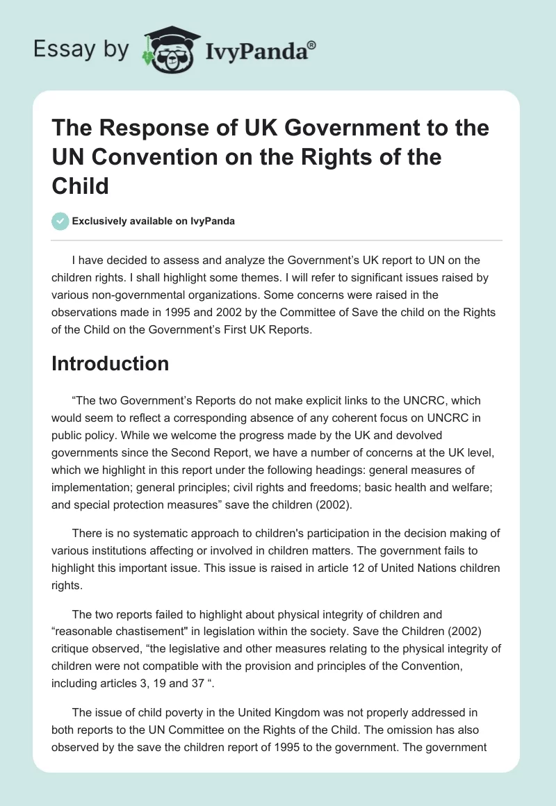 The Response of UK Government to the UN Convention on the Rights of the Child. Page 1