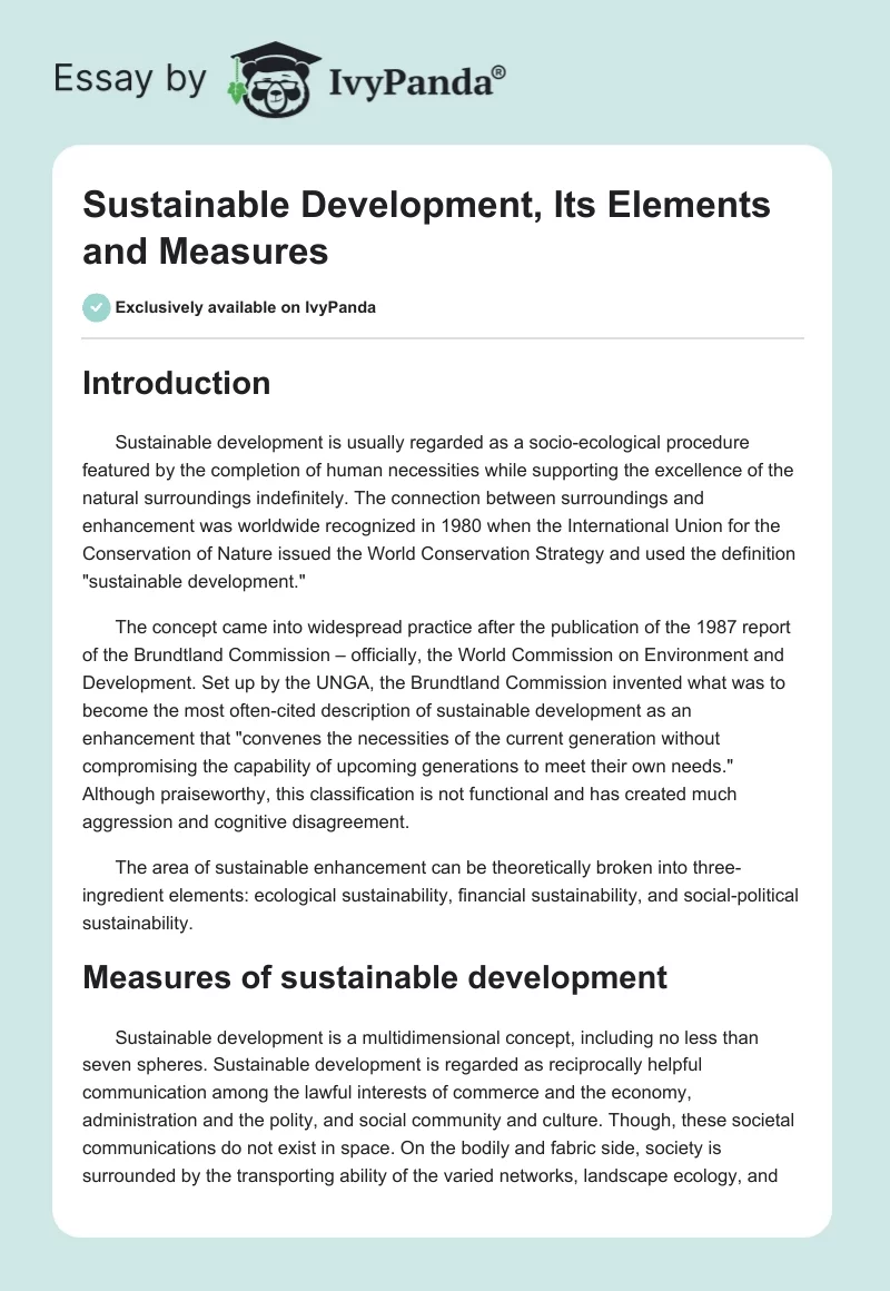 Sustainable Development, Its Elements and Measures. Page 1