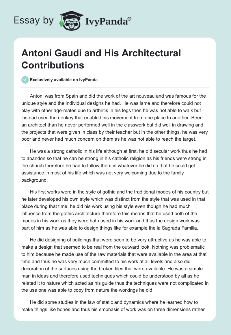 Antoni Gaudi and His Architectural Contributions. Page 1