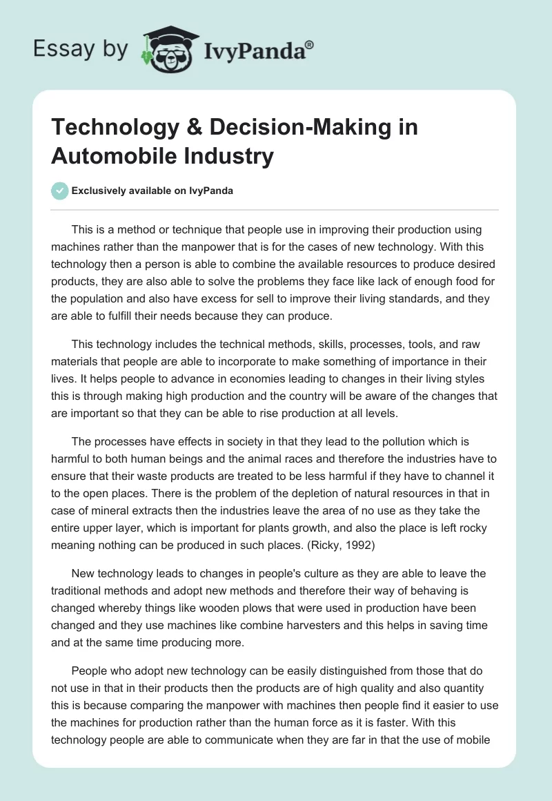 Technology & Decision-Making in Automobile Industry. Page 1