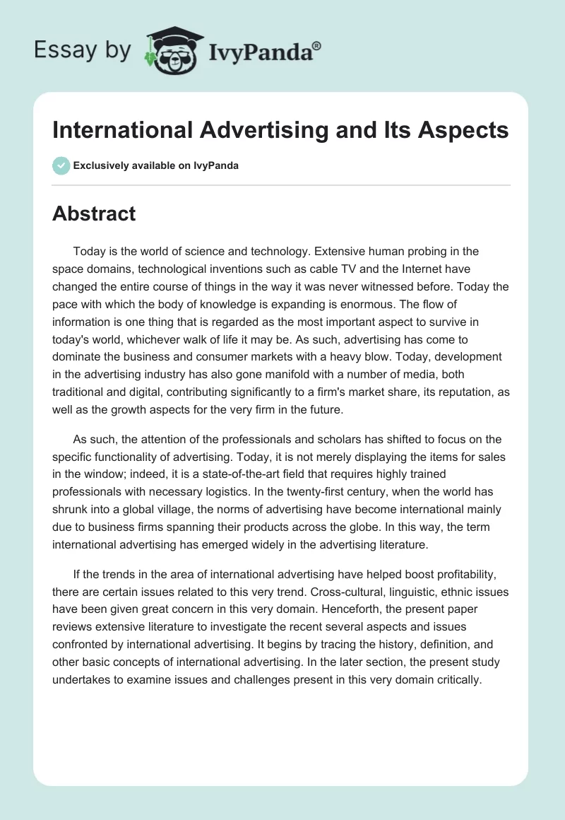 International Advertising and Its Aspects. Page 1