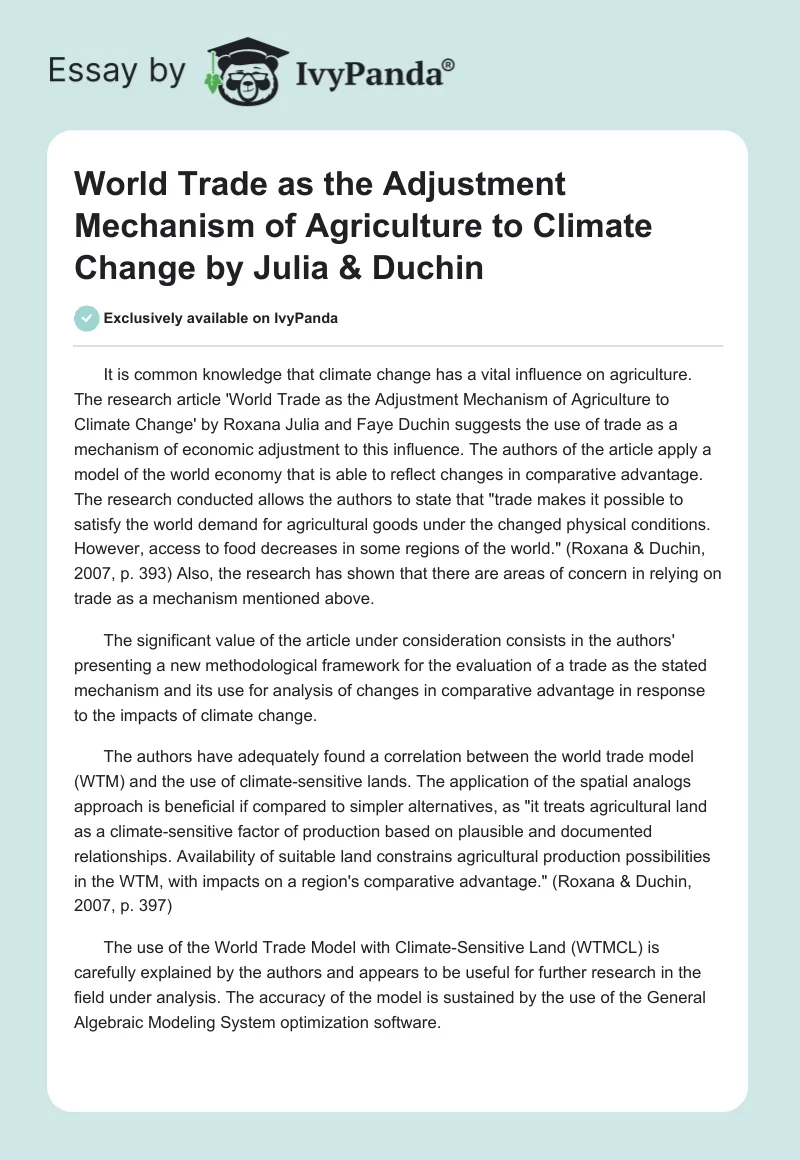 World Trade as the Adjustment Mechanism of Agriculture to Climate Change by Julia & Duchin. Page 1