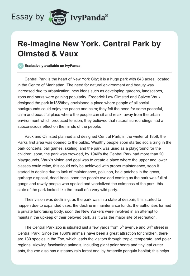 Re-Imagine New York. Central Park by Olmsted & Vaux. Page 1