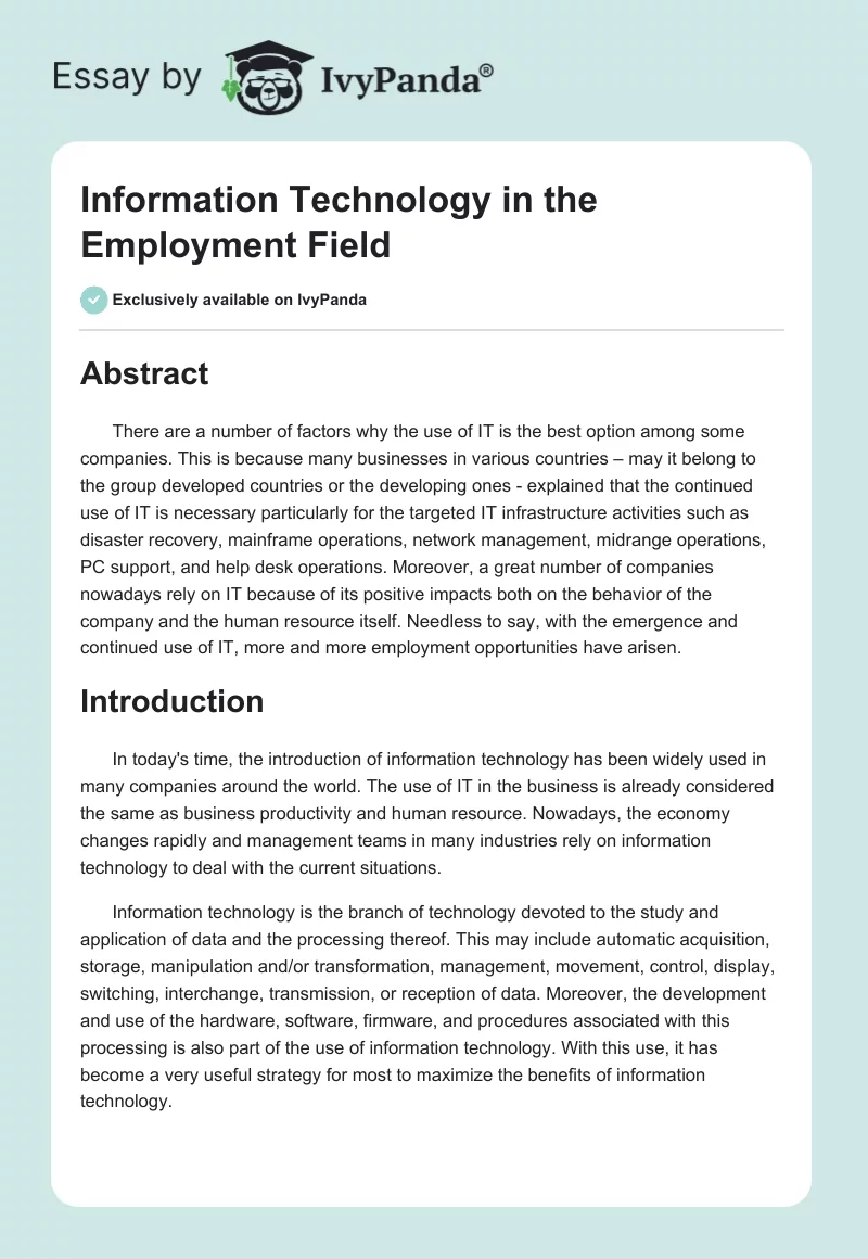 Information Technology in the Employment Field. Page 1