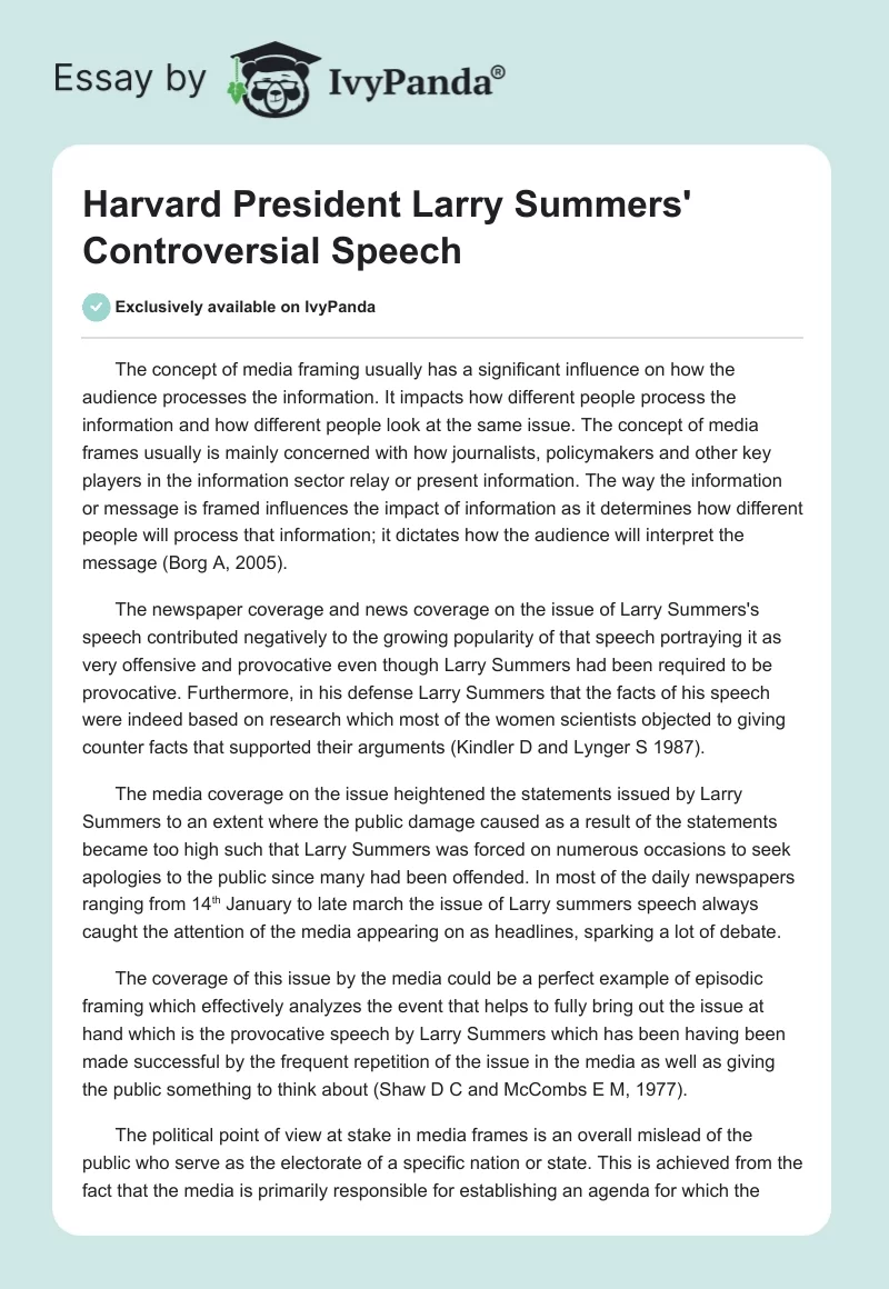 Harvard President Larry Summers' Controversial Speech. Page 1