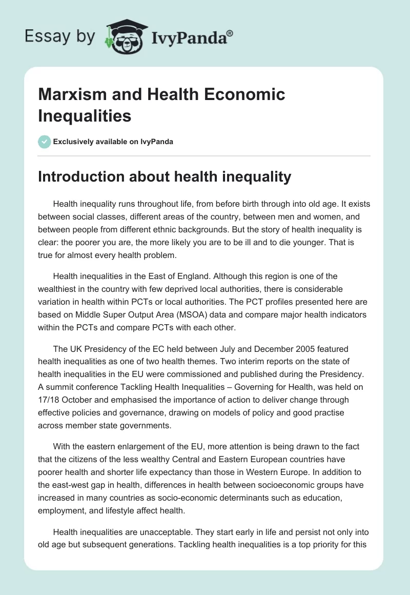 Marxism and Health Economic Inequalities. Page 1
