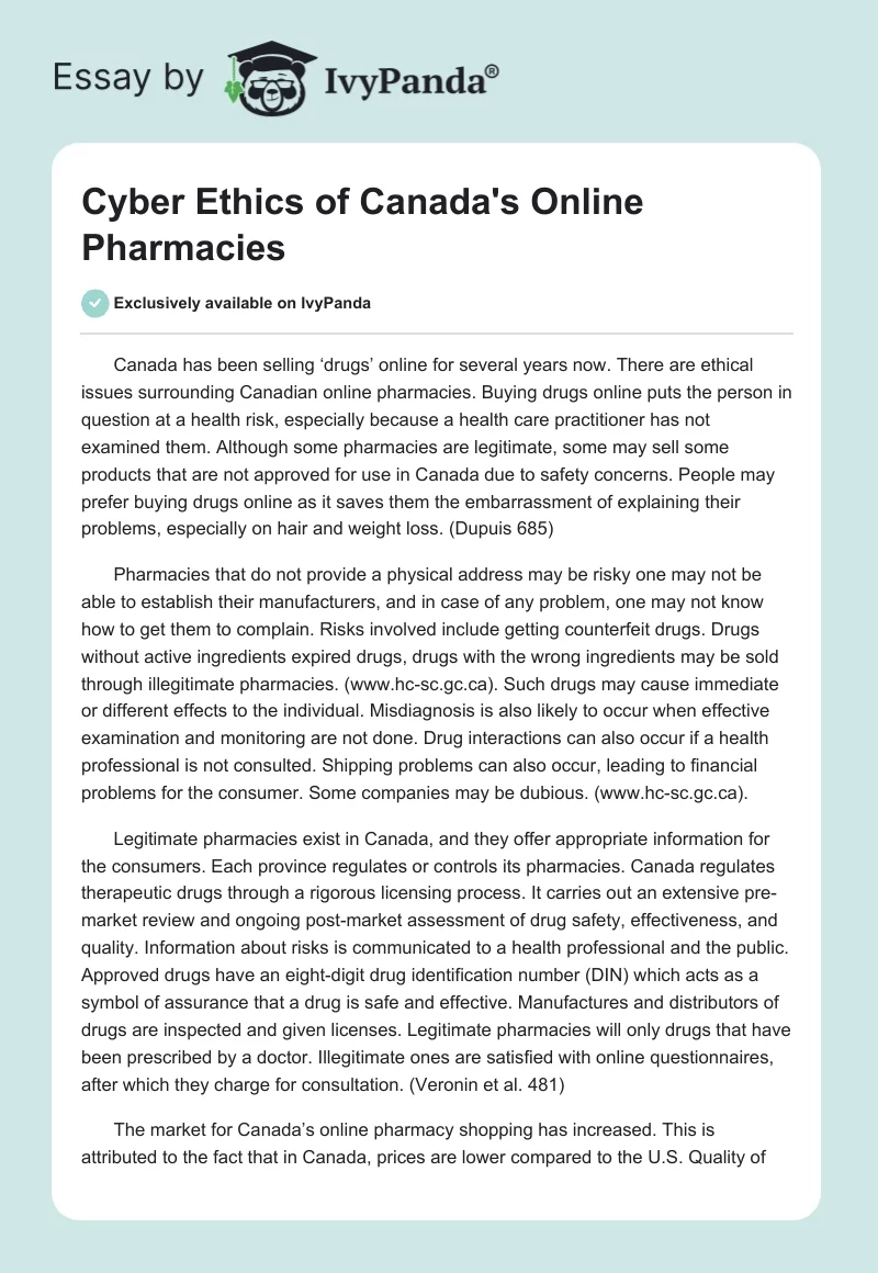 Cyber Ethics of Canada's Online Pharmacies. Page 1