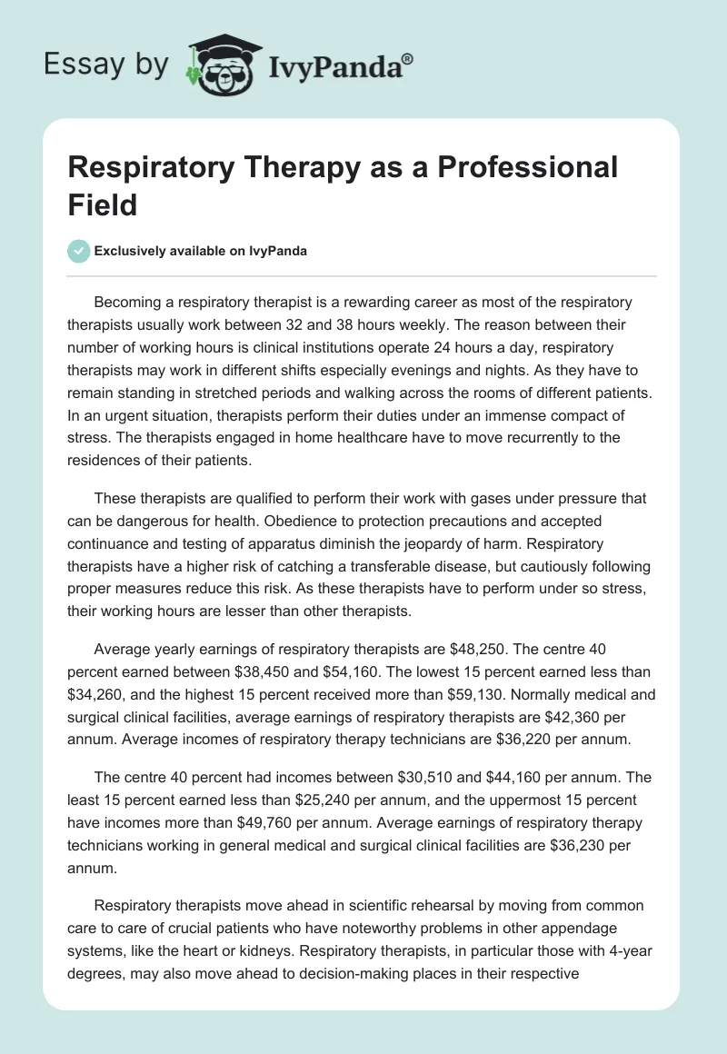 Respiratory Therapy as a Professional Field. Page 1