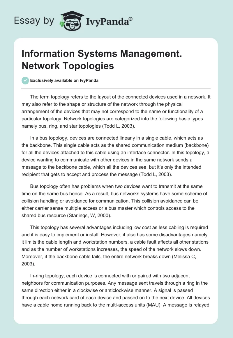 Information Systems Management. Network Topologies. Page 1