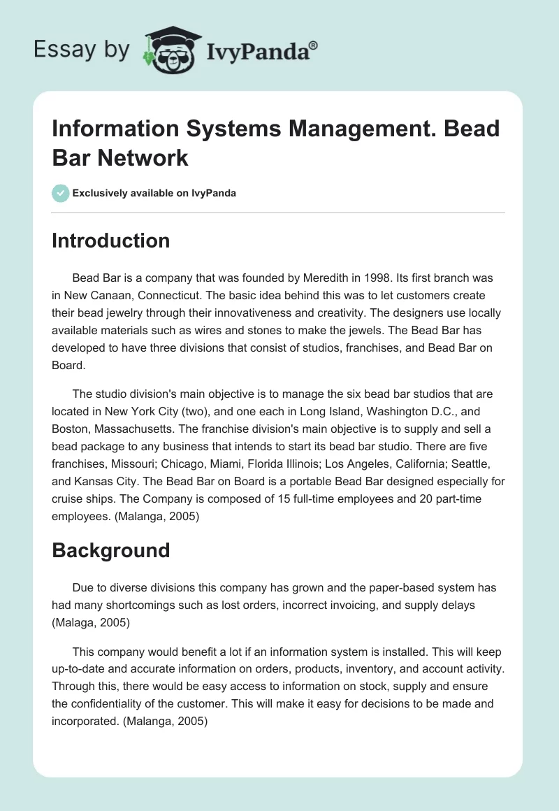 Information Systems Management. Bead Bar Network. Page 1