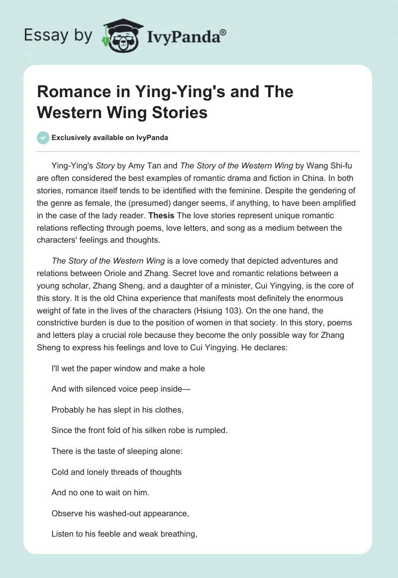 Romance in Ying-Ying's and The Western Wing Stories. Page 1