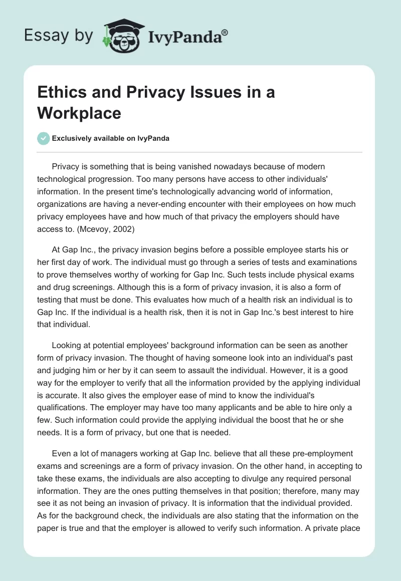 Ethics and Privacy Issues in a Workplace. Page 1