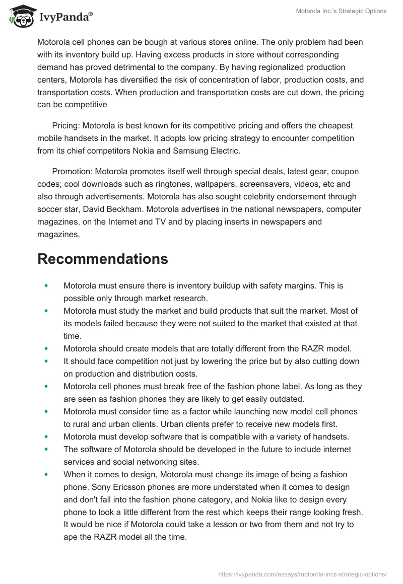 Motorola Inc.'s Strategic Options. Page 5