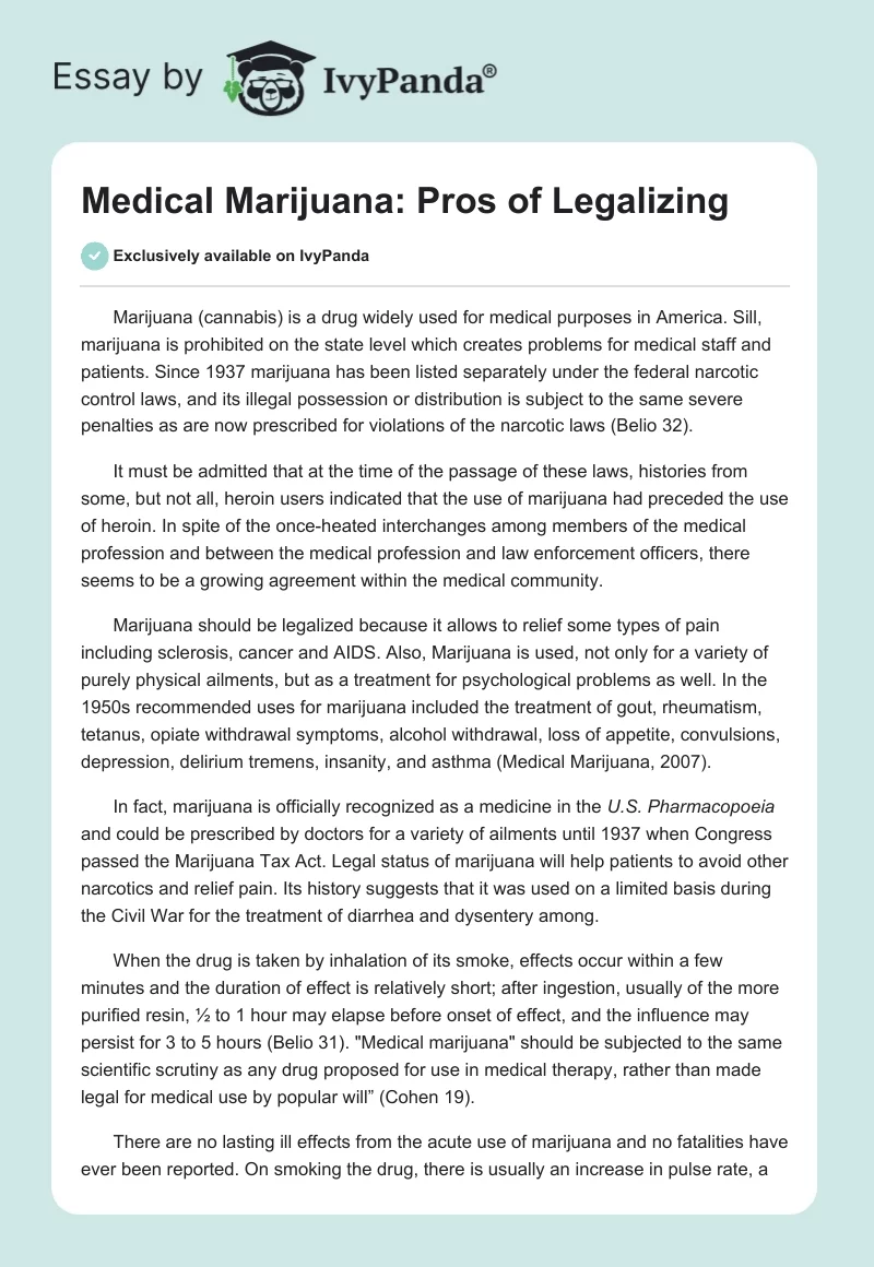 Medical Marijuana: Pros of Legalizing. Page 1