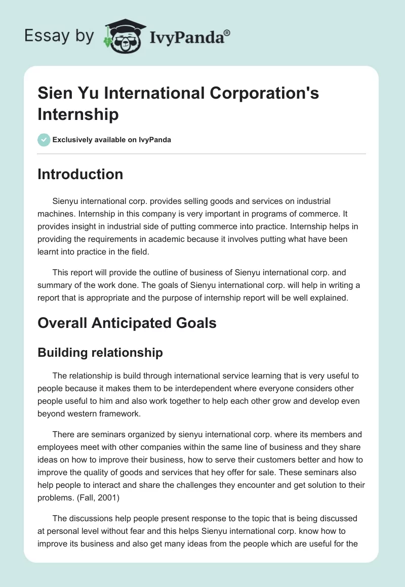 Sien Yu International Corporation's Internship. Page 1